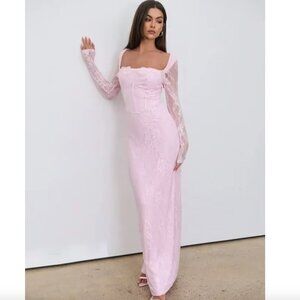Baby pink romantic lace maxi long dress bodycon
